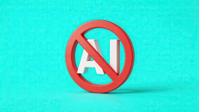 No AI symbol on blue background 3d render illustration artificial intelligence ban concept technology restriction digital ethics machine learning prohibition future tech control