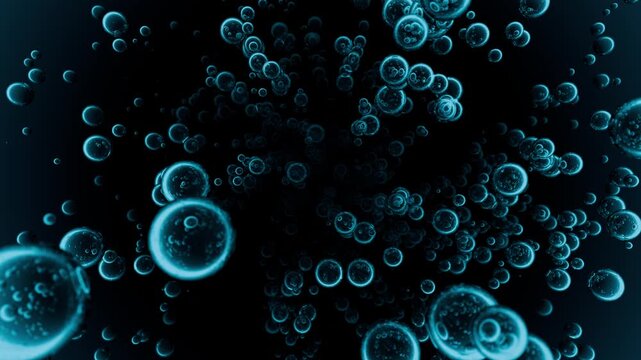 Abstract animation of glowing blue transparent bubbles smoothly floating away into dark void. Atmospheric underwater background with luminous spheres for science fiction and digital art. 4K 60fps