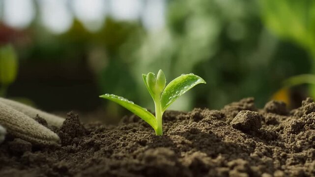 Tracking shot of small green seedling sprouting from soil with gardening glove beside in greenhouse morning light