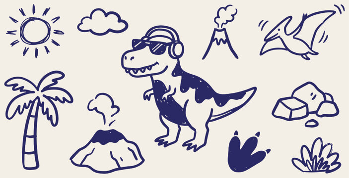 Cute cartoon dinosaur with sunglasses and headphones, surrounded by prehistoric elements like volcanoes and palm trees.
