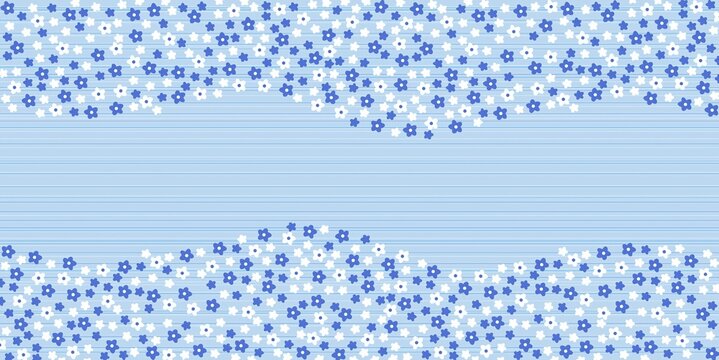 Ditsy floral pattern featuring horizontal borders of tiny blue and white flowers on a textured light blue pinstripe background.