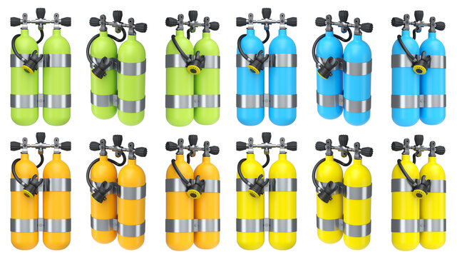 Set of diving tank full oxygen for snorkeling on white background.