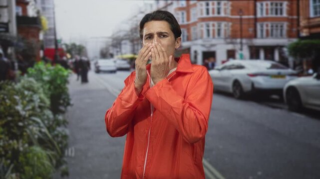 Man in orange jumpsuit covers mouth with hands on a busy city street lined with cars and brick buildings; shock vulnerability.