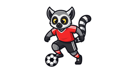 Cute cartoon lemur playing soccer, wearing red jersey and black shorts, dribbling ball © Atok