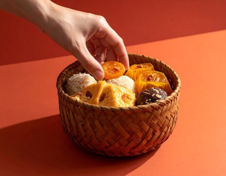 Hand reaching into woven basket with food.
