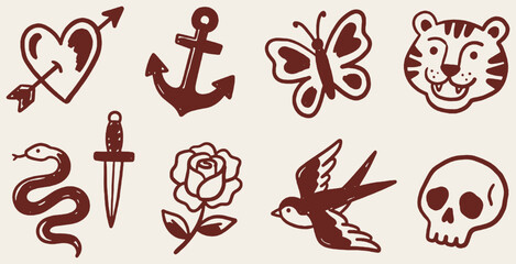 Collection of traditional tattoo flash art icons including a heart, anchor, butterfly, tiger, snake, dagger, rose, swallow, and skull. © Riki
