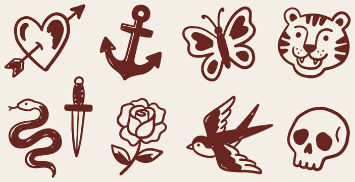Collection of traditional tattoo flash art icons including a heart, anchor, butterfly, tiger, snake, dagger, rose, swallow, and skull.