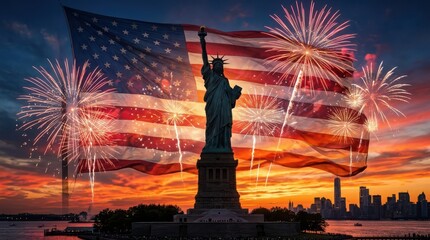 Fototapeta premium Flag day celebration statue of liberty with american flag and fireworks display in new york city