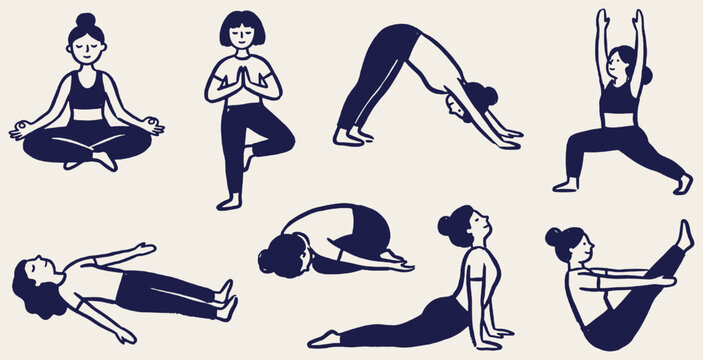 Collection of diverse women performing various yoga poses in a simple, clean illustration style.
