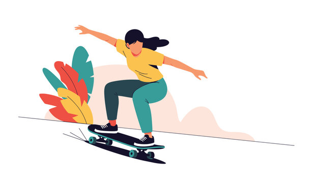 Active young girl riding skateboard down a hill with colorful tropical leaves in the background representing fun outdoor sports and hobby.
