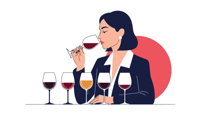 Elegant woman in professional suit tasting red wine from a glass while different types of wine are arranged on the table for evaluation.