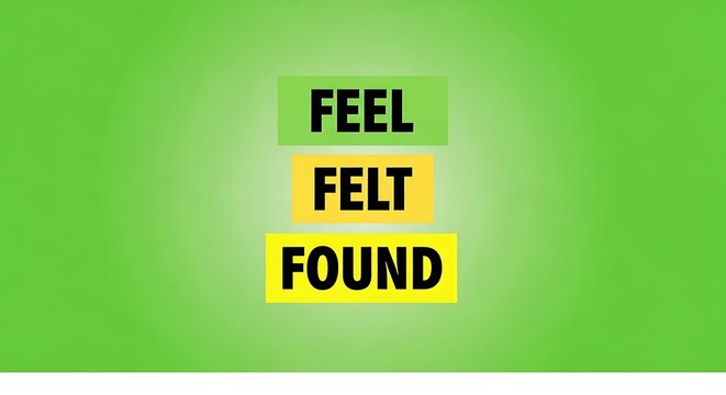Feel Felt Found communication technique concept, empathy sales method on green background, psychological persuasion strategy for business