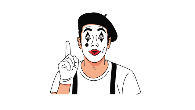 Classic mime artist with white face paint and a black beret pointing his finger up as if he just had a creative idea or found a solution.