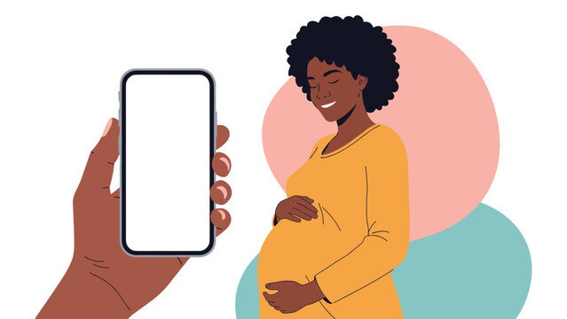 Happy pregnant woman holding her belly while a hand holds a smartphone with a blank screen for a health app or doctor appointment.