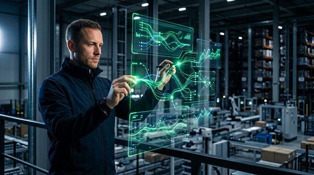 Industrial logistics engineer managing smart warehouse automation with futuristic digital analytics interface technology