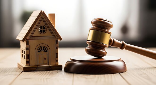 Wooden judge gavel and small house model on desk, real estate auction and property law concept, mortgage foreclosure and legal housing dispute