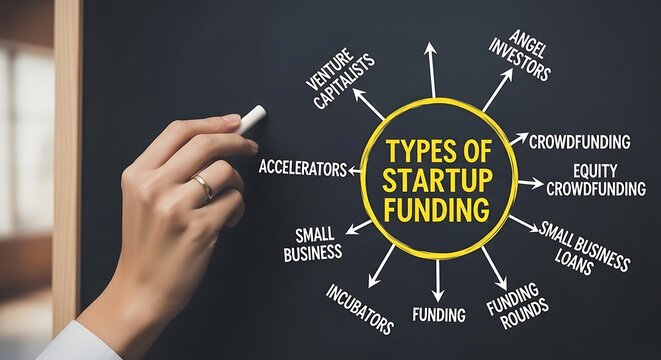 Startup funding types mind map on blackboard, business investment strategy diagram, venture capital and crowdfunding concept for entrepreneurs