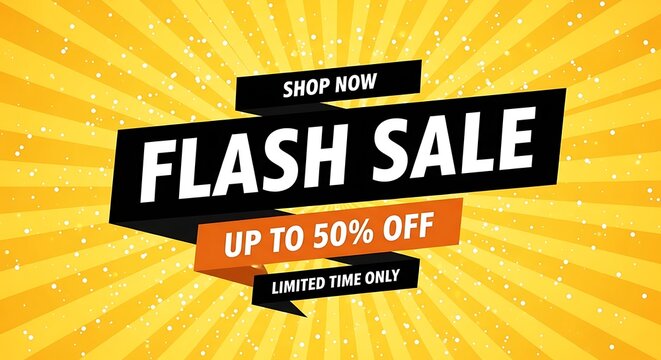 Flash sale banner with up to fifty percent discount offer on yellow background