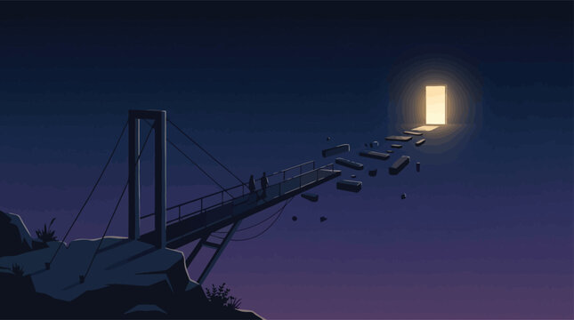 Surreal illustration of a couple standing on a broken bridge reaching toward a glowing doorway in the dark sky.