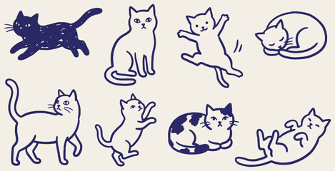 Obraz premium Collection of cute hand-drawn cat illustrations in various poses and styles.