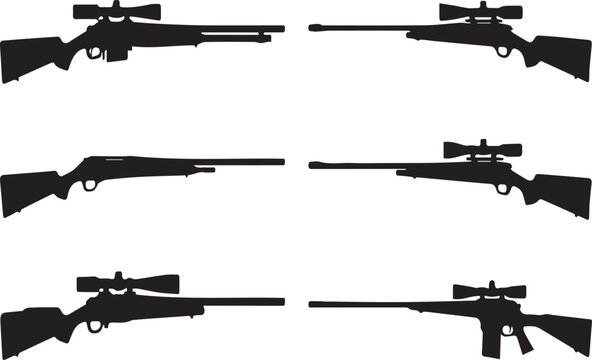 Detailed Silhouette Set of Various Tactical Sniper Rifles and Hunting Guns with Scopes, Professional Firearm Vector Icons for Military and Outdoor Sport Shooting Designs on White Background