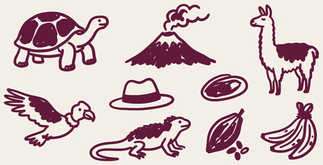 Collection of hand-drawn icons representing South American wildlife, culture, and nature. © Riki