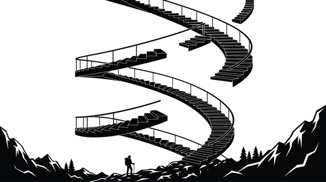 Minimalist graphic illustration of hiker standing before surreal floating spiral staircase in mountain landscape.