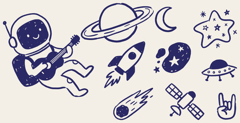 Cute cartoon astronaut playing guitar in outer space with planets, rockets, and stars. © Riki