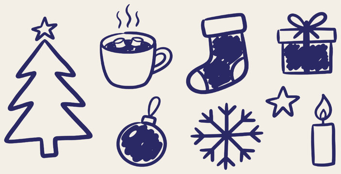 Collection of hand-drawn Christmas icons including a tree, stocking, gift, snowflake, and candle.