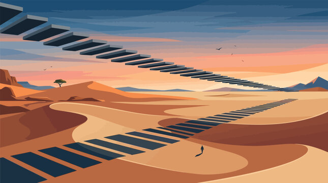 A man walks on a path of floating stairs across a vast desert landscape with sand dunes under a colorful sunset sky.
