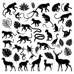 Set of black animal silhouettes with jungle leaves and trees © Bahro