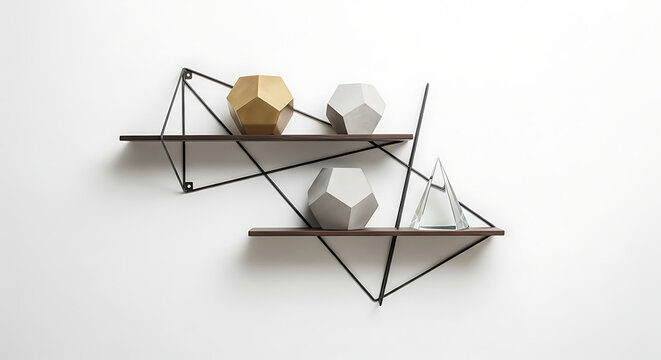 Modern Geometric Wall Shelf With Decorative Objects Creating Contemporary Interior Design Inspiration For Stylish Minimalist Home Decoration.