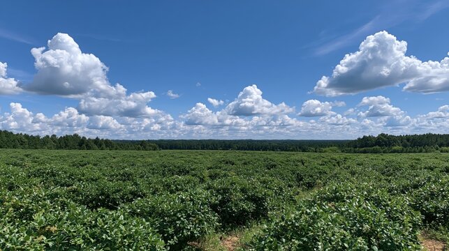 Scenic view of a blueberry plantation stretching to the horizon beneath a bright sky with scattered cotton-like clouds on a sunny day.
