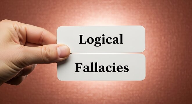 Logical Fallacies text on white cards held by hand, critical thinking and philosophy concept, cognitive bias and reasoning errors