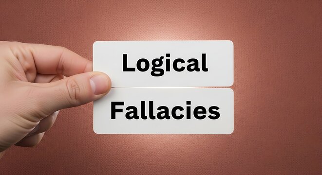 Logical Fallacies text on white cards, hand holding signs for critical thinking and philosophy, brown background with conceptual logic theme