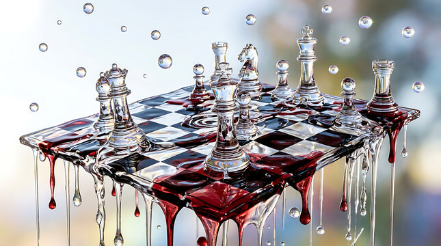 Melting chessboard, bloody chess pieces, surreal game, strategy concept