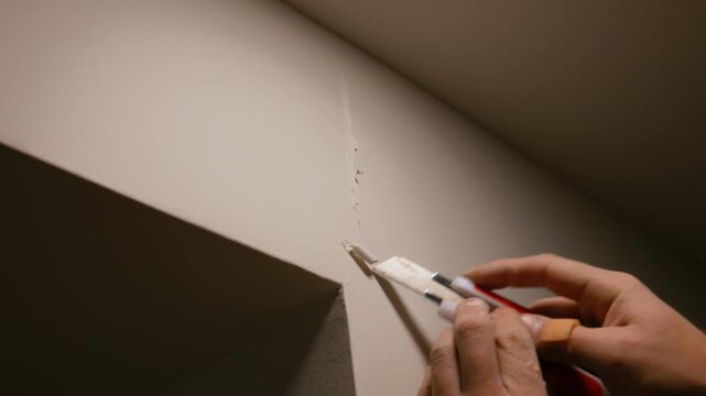 Close up footage of Worker applying wall putty with a spatula to repair surface imperfections. Interior renovation process showing smoothing and preparation of wall before painting in a home