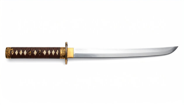Japanese tanto dagger with a sharp steel blade and detailed brown handle