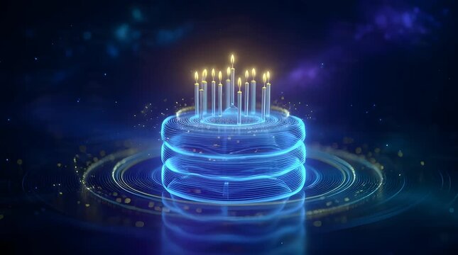 Holographic glowing birthday cake with lit candles