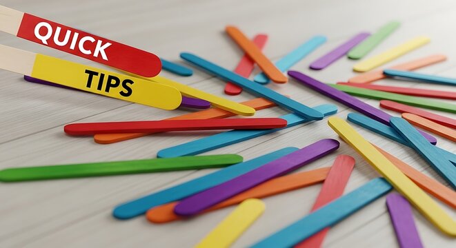 Quick Tips text on colorful wooden sticks, creative advice and life hacks concept, vibrant craft sticks on light background