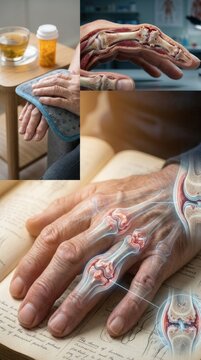 Chronic joint distress: finger arthritis, hand arthrosis, bone osteoarthritis, cartilage osteoarthrosis, elder treatment, painful symptom, human ailment, health concern.