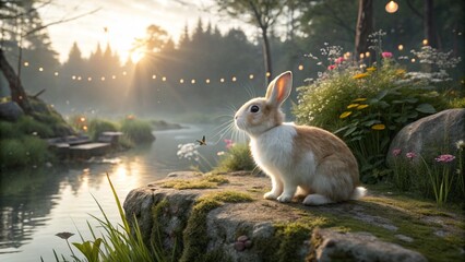 Obraz premium Majestic fantasy landscape of a fluffy rabbit sitting by a sparkling, sunlit magical garden lake.