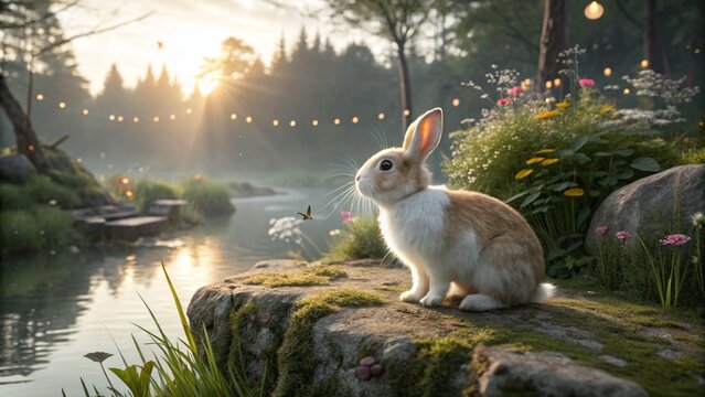 Majestic fantasy landscape of a fluffy rabbit sitting by a sparkling, sunlit magical garden lake.
