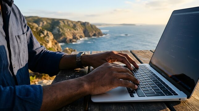 Remote worker typing on laptop with ocean view digital nomad lifestyle