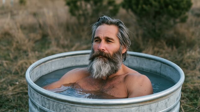 Man sitting in a galvanized metal tub filled with cold water for ice bath recovery in an outdoor garden setting.