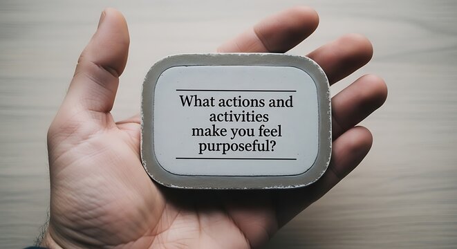 Hand holding a small device with a question about purposeful actions and activities