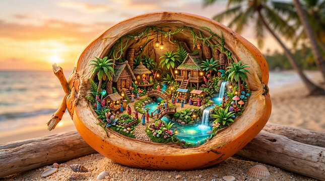 miniature world inside a king coconut