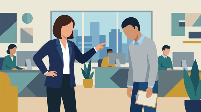 Angry female boss scolding male employee in office. Manager firing worker or giving negative feedback. Workplace conflict vector illustration.