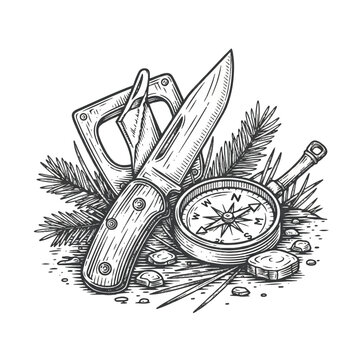 Vintage knife compass and shears outdoors.