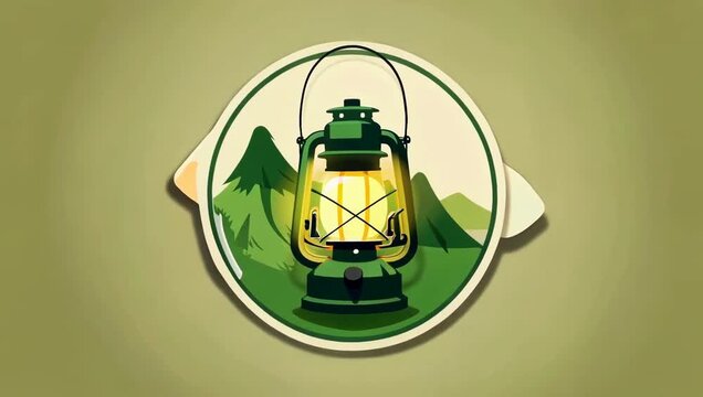Animated green camping lantern glowing subtly in a circular nature badge featuring mountains and pine trees, set on a solid green background.
